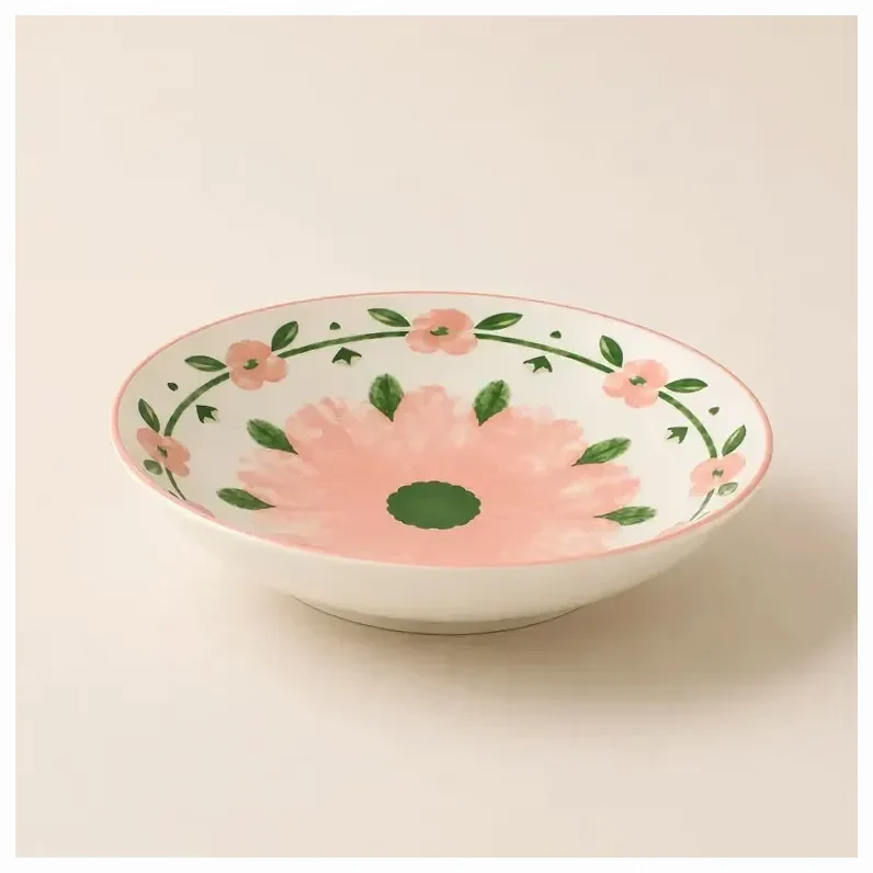 Plato hondo de 20 cm de porcelana rosa con estampado floral PRIMAVERA
