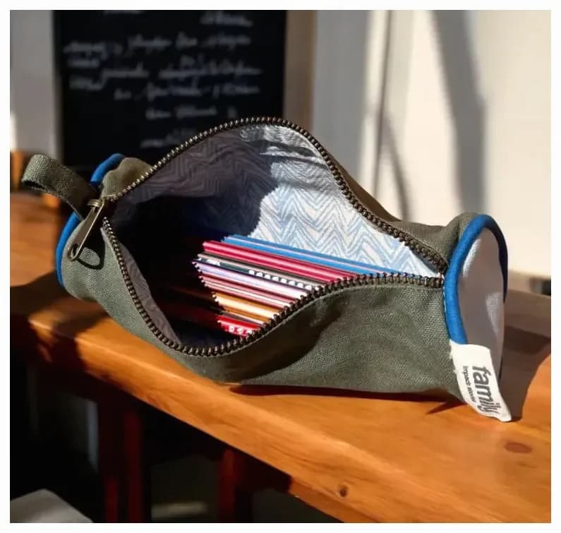 Estuche, mochila escolar azul cielo / verde oliva