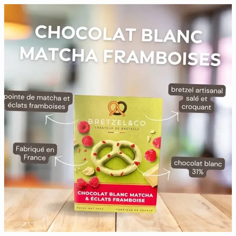 Pretzel de matcha y chocolate blanco - trozos de frambuesa - 100 g